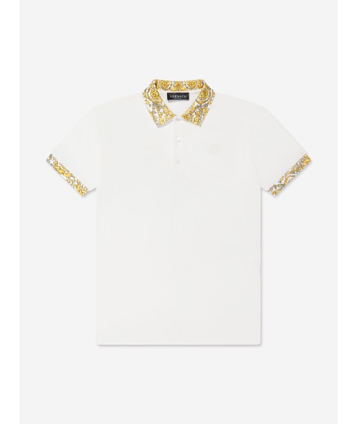 Versace Boys Barocco Trim Polo Shirt in White Découvrez la collection