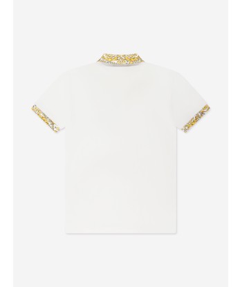 Versace Boys Barocco Trim Polo Shirt in White Découvrez la collection