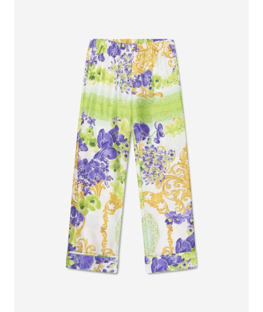 Versace Girls Silk Orchid Print Trousers in White pas cher chine