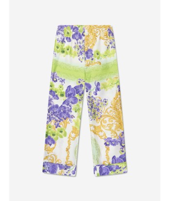 Versace Girls Silk Orchid Print Trousers in White pas cher chine