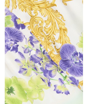 Versace Girls Silk Orchid Print Trousers in White pas cher chine