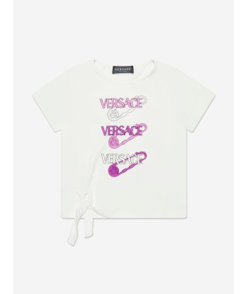 Versace Girls Safety Pin Logo T-Shirt in White paiement sécurisé