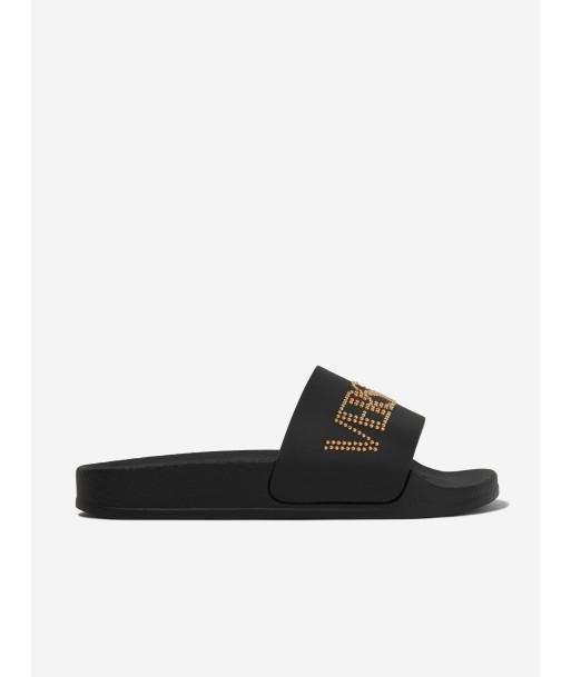 Versace Kids Leather Logo Sliders in Black paiement sécurisé