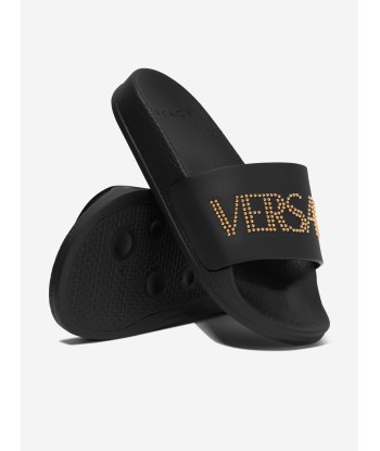 Versace Kids Leather Logo Sliders in Black paiement sécurisé