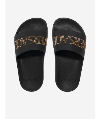 Versace Kids Leather Logo Sliders in Black paiement sécurisé