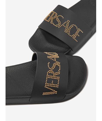 Versace Kids Leather Logo Sliders in Black paiement sécurisé