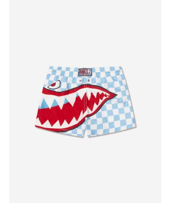 MC2 Saint Barth Boys Check Shark Attack Swim Shorts in Blue le concept de la Pate a emporter 