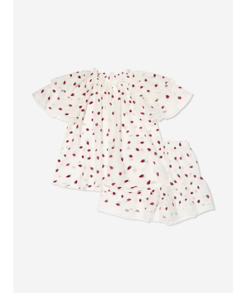 Amiki Children Girls Silk Demi Strawberries Short Pyjama Set in White plus qu'un jeu 