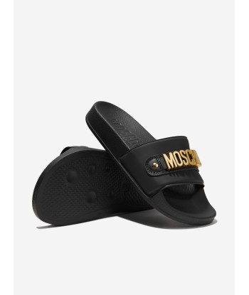 Moschino Kids Lettering Logo Sliders in Black ouvre sa boutique