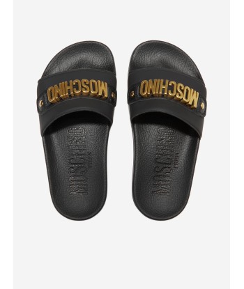 Moschino Kids Lettering Logo Sliders in Black ouvre sa boutique