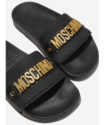 Moschino Kids Lettering Logo Sliders in Black ouvre sa boutique