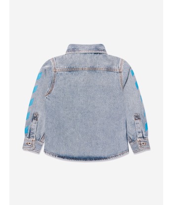 Off-White Boys Helvetica Diag Denim Shirt in Blue pas cher