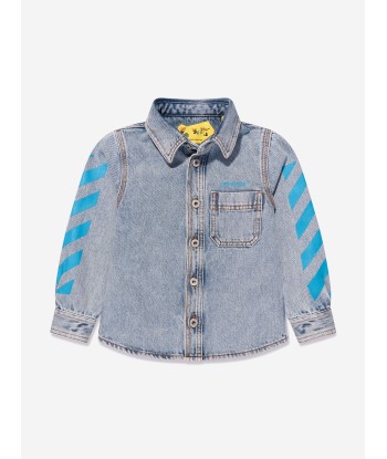 Off-White Boys Helvetica Diag Denim Shirt in Blue pas cher