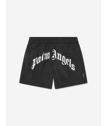 Palm Angels Boys Curved Logo Swim Shorts in Black Les êtres humains sont 