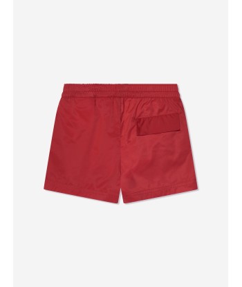 Palm Angels Boys Curved Logo Swim Shorts in Red de pas cher