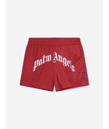 Palm Angels Boys Curved Logo Swim Shorts in Red de pas cher