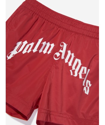 Palm Angels Boys Curved Logo Swim Shorts in Red de pas cher