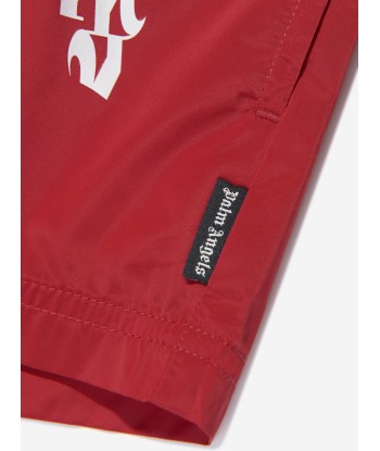 Palm Angels Boys Curved Logo Swim Shorts in Red de pas cher