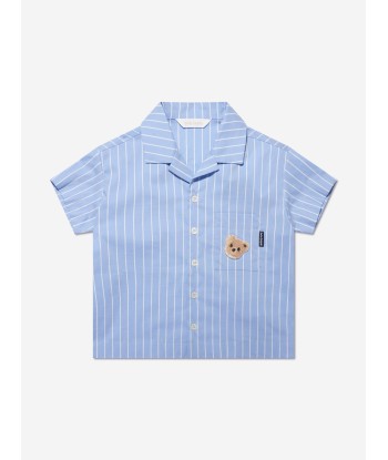 Palm Angels Boys Mini Bear Striped Bowling Shirt in Blue en ligne