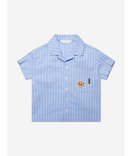 Palm Angels Boys Mini Bear Striped Bowling Shirt in Blue en ligne