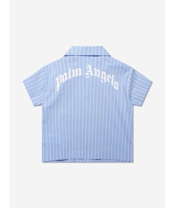 Palm Angels Boys Mini Bear Striped Bowling Shirt in Blue en ligne