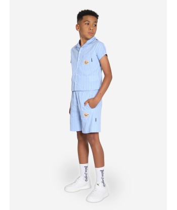 Palm Angels Boys Mini Bear Striped Bowling Shirt in Blue en ligne