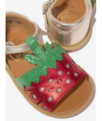 Pom D'Api Girls Leather Poppy Strawberry Sandals in Gold pas chere