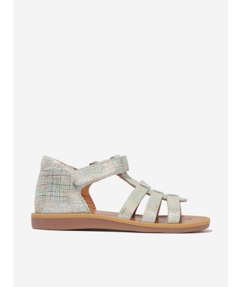 Pom D'Api Girls Leather Poppy Strap Sandals in Silver shop