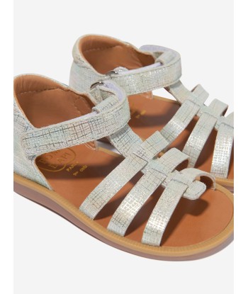 Pom D'Api Girls Leather Poppy Strap Sandals in Silver shop