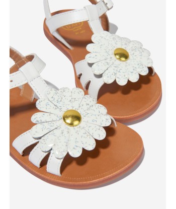 Pom D'Api Girls Leather Plagette Big Flower Sandals in White Profitez des Offres !