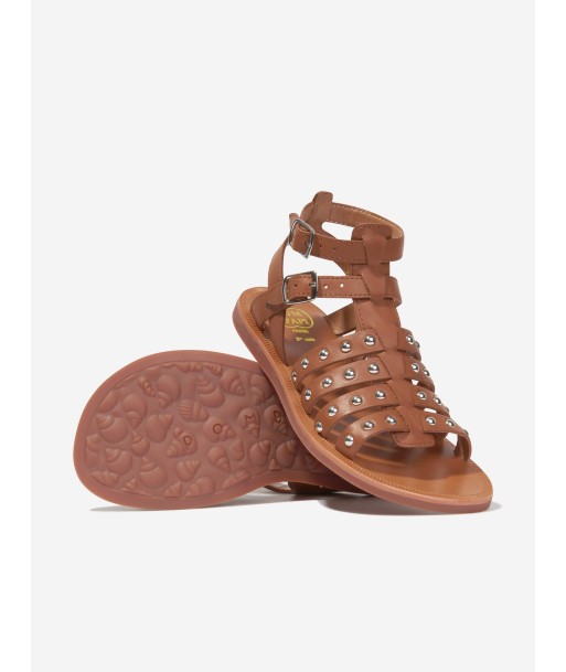 Pom D'Api Girls Leather Plagette Stud Sandals in Camel hantent personnes