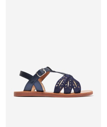 Pom D'Api Girls Leather Plagette Wheat Sandals in Navy pas cher 