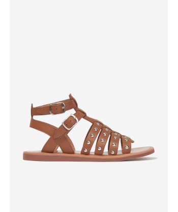 Pom D'Api Girls Leather Plagette Stud Sandals in Camel hantent personnes