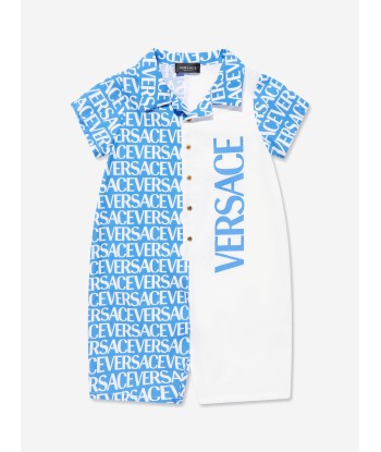 Versace Baby Boys Logo Print Romper in Blue livraison gratuite