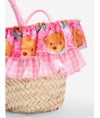 Selini Action Girls Teddy Bear Straw Bag in Pink rembourrage situé sous