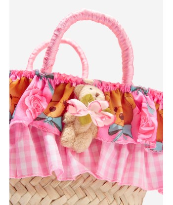 Selini Action Girls Teddy Bear Straw Bag in Pink rembourrage situé sous